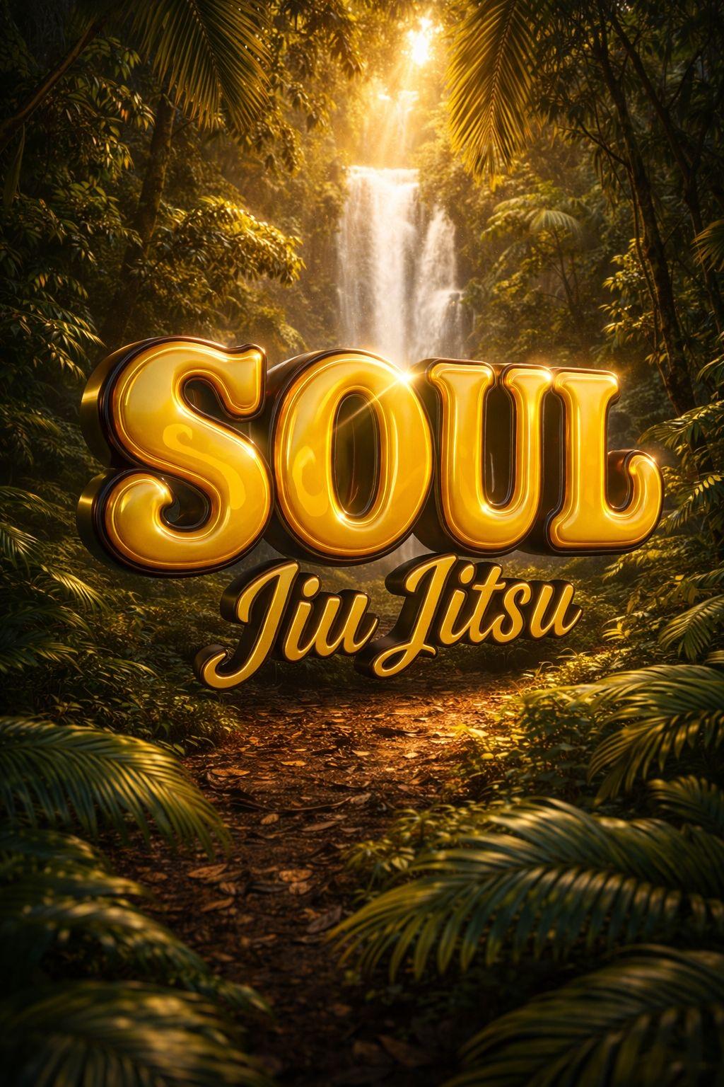 Soul Jiu Jitsu — letras doradas entre la selva y una catarata